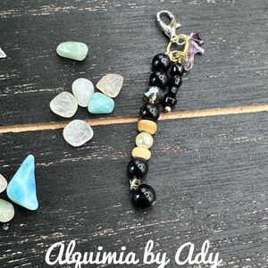 Onyx beaded bag charm key card holder minimalist